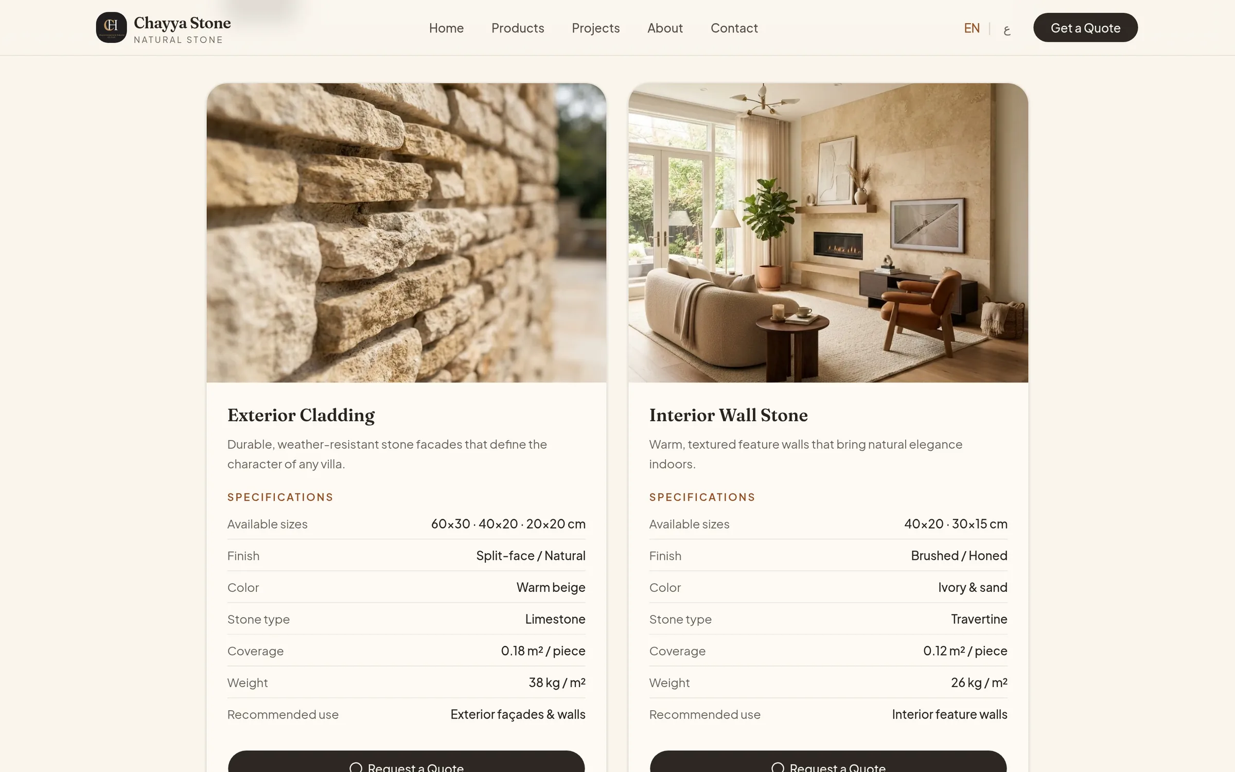 Catalog cards for exterior cladding and interior wall stone, each with a spec table