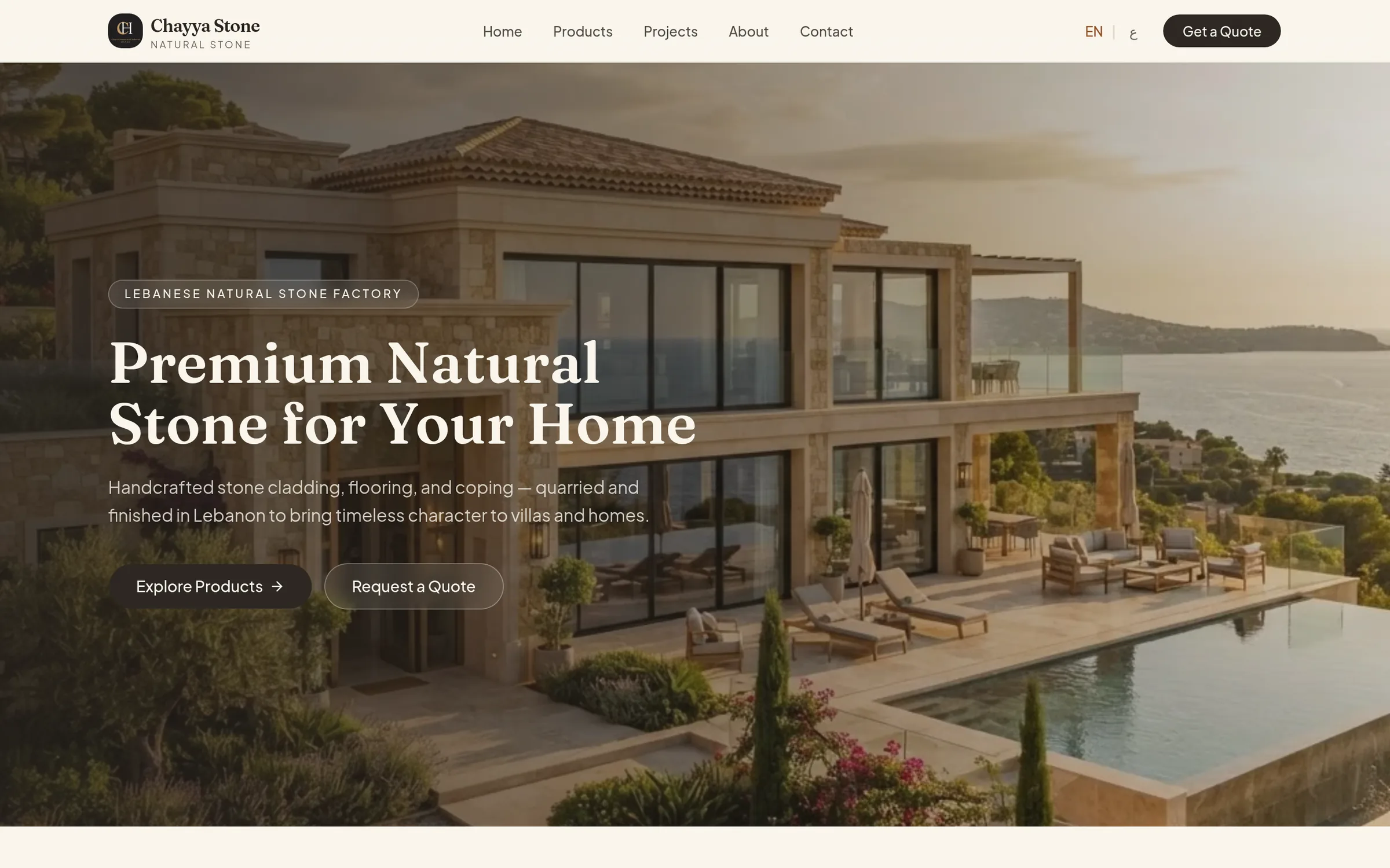 Chayya Stone's home page: a stone villa at sunset under the headline Premium Natural Stone for Your Home