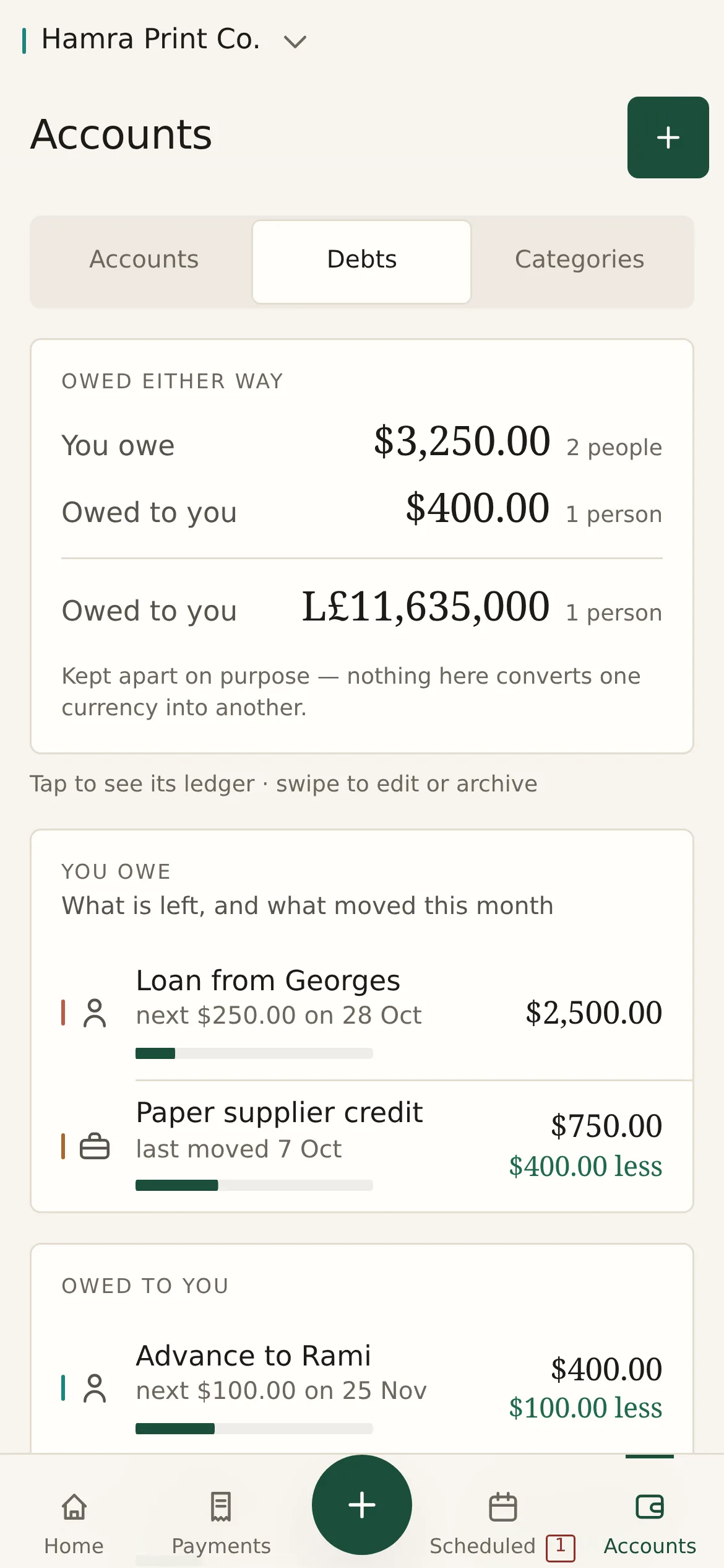 Debts both ways: what you owe and what is owed to you, with the next instalments
