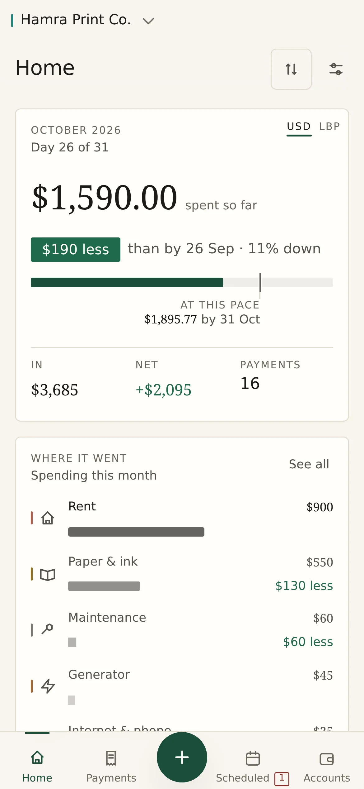 Home screen: October spending, the pace for the month, and spending by category