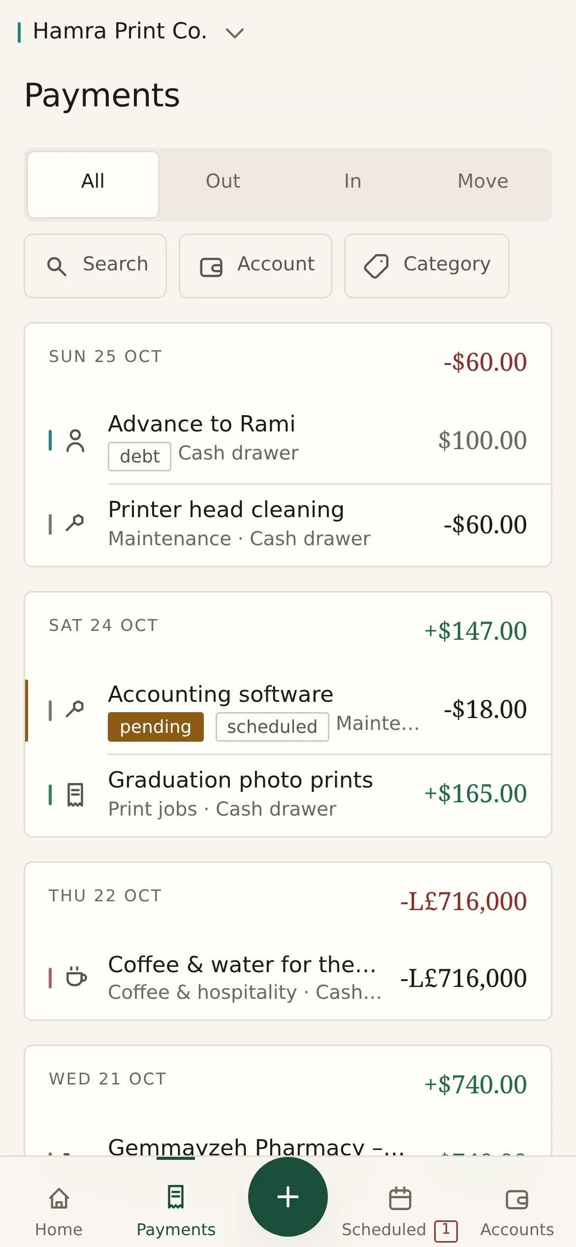 Payments grouped by day, in dollars and lira