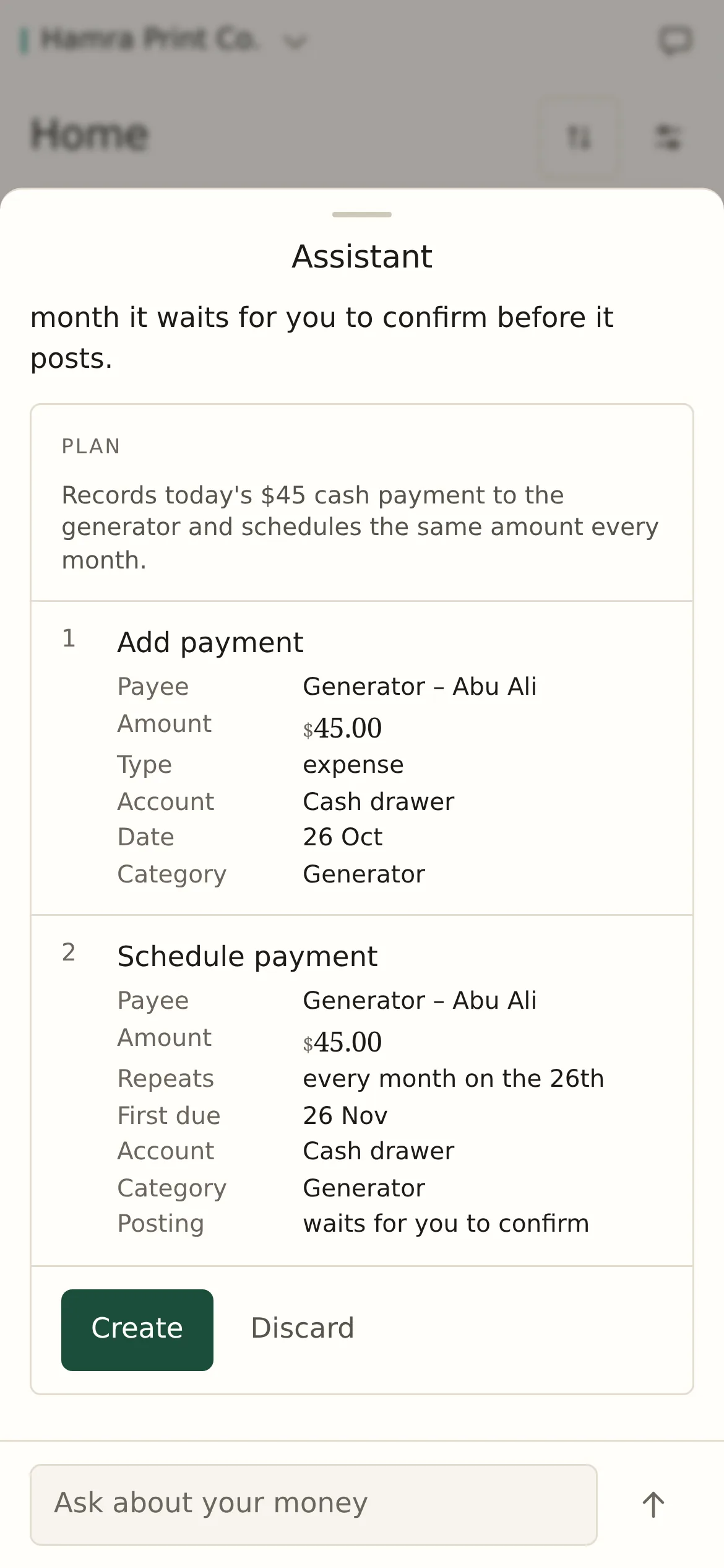 The assistant's plan: record a $45 generator payment and repeat it monthly, waiting for confirmation